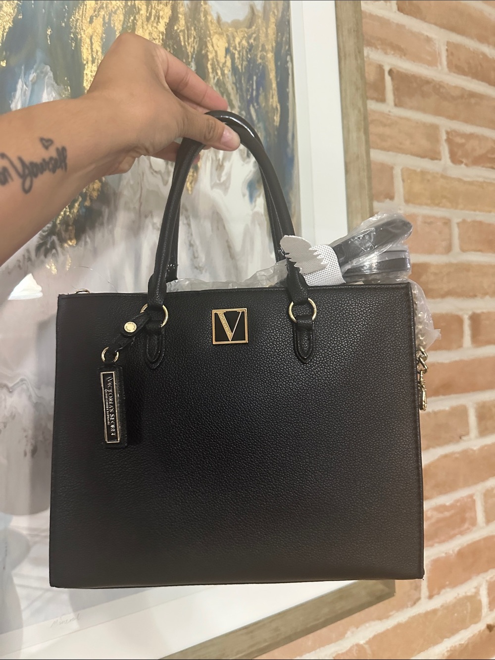 Victoria's Secret Black Pebbled Satchel with Gold Accents